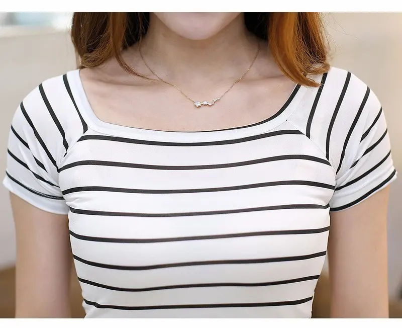 Women T-Shirt Tops Crops For Stripe O-Neck Loose Short Sleeve Ladies Casual Letter Print Cotton T-Shirt 8