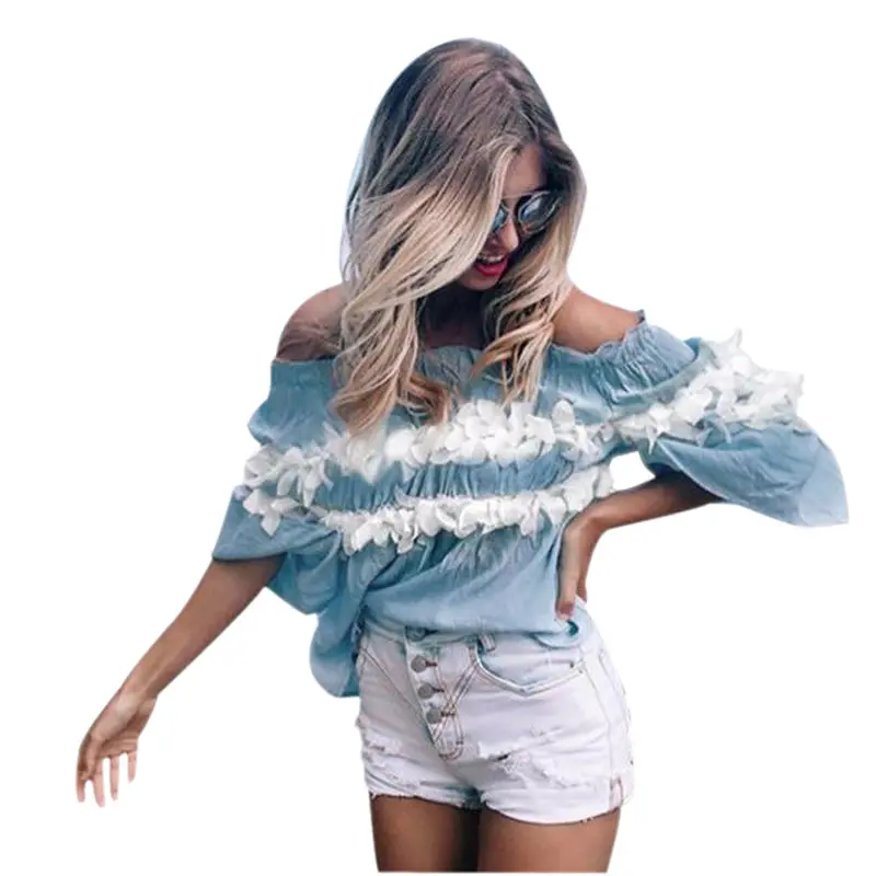 Women T-Shirt Tops Crops For Top Off Sholder Half Sleeve Dimensional Flower Casual Tops T-Shirt 2