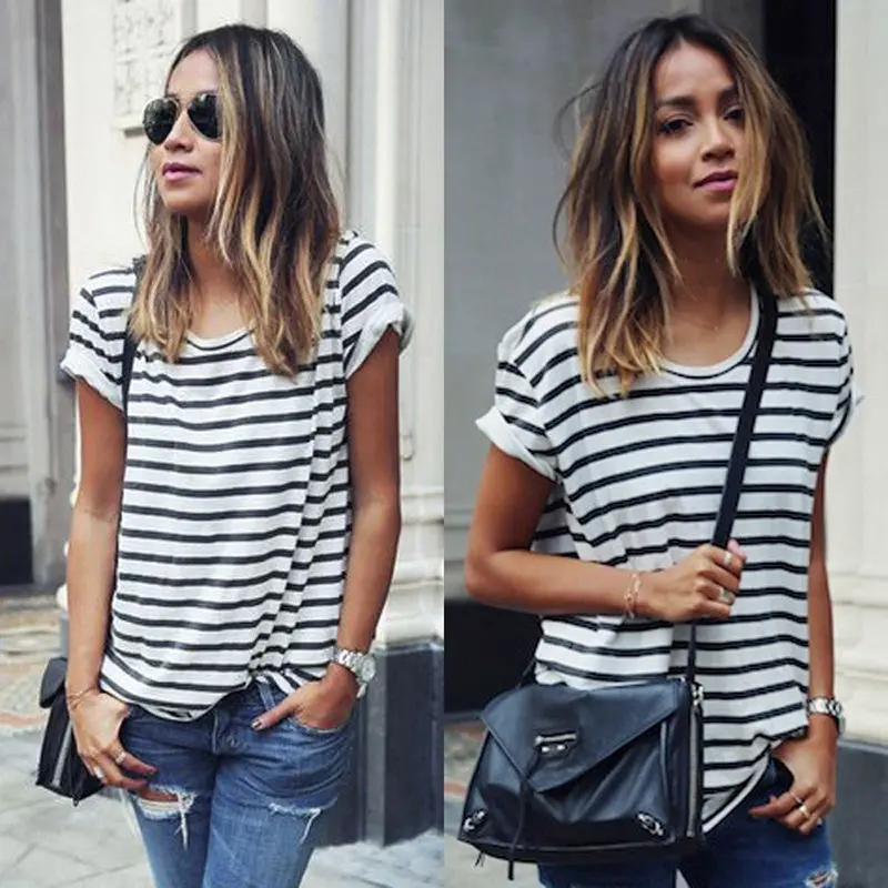 Women T Shirt Woman O Neck Casual Stripe Short Sleeve Tees For Girl T Shirt Tops Plus Size 1