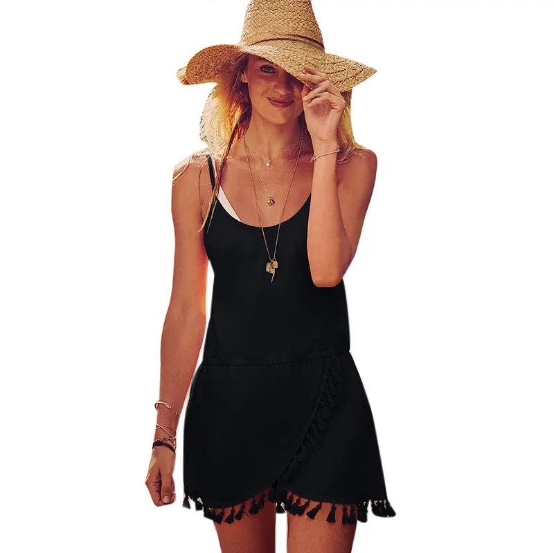 Women Tassel Irregular Sleeveless Black Party Beach Boho Sexy Short Mini Dress 1