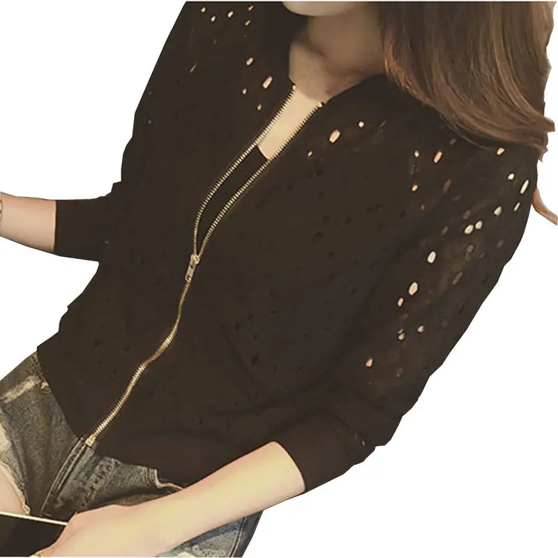 Women Thin Lace Jacket Tops Cotton Bomber Jacket Long Sleeve Coat St Collar Slim Fit Outerwear Plus Size 1