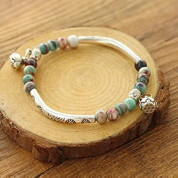 Women Tibetan Ceramics Silver Plated Handmade Vintage Chain Fashion Bracelet Beads 2