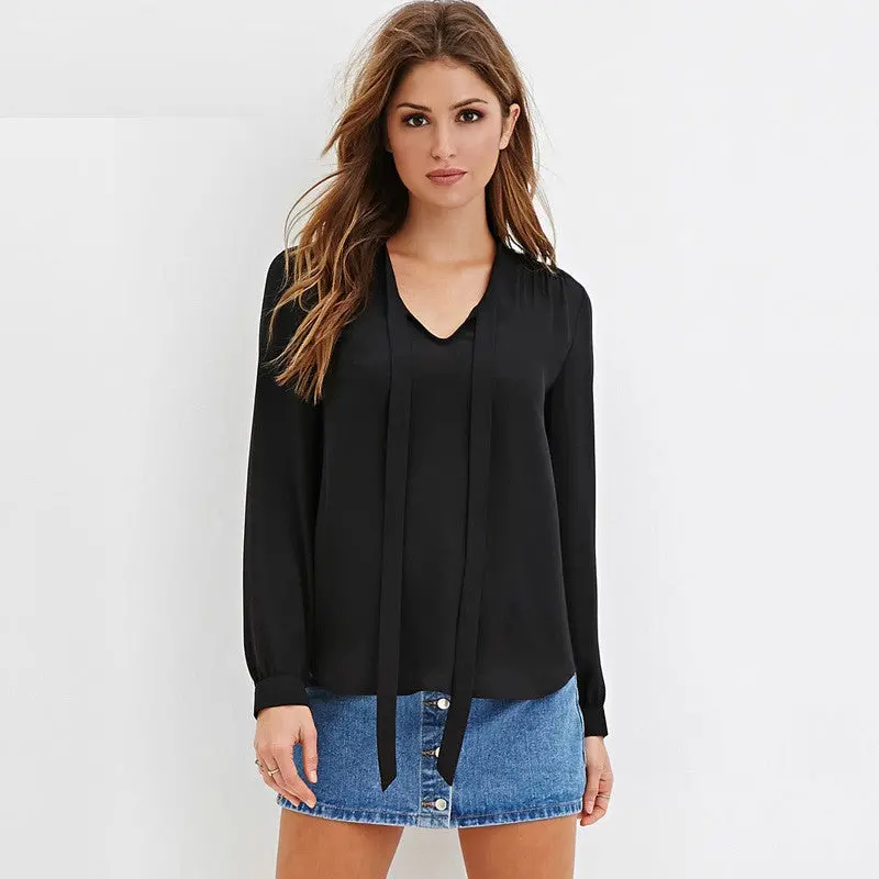 Women Tie Up Blouses V Neck Black Chiffon Blouse Long Sleeve Shirt Tops For Office Ladies Lx212 1
