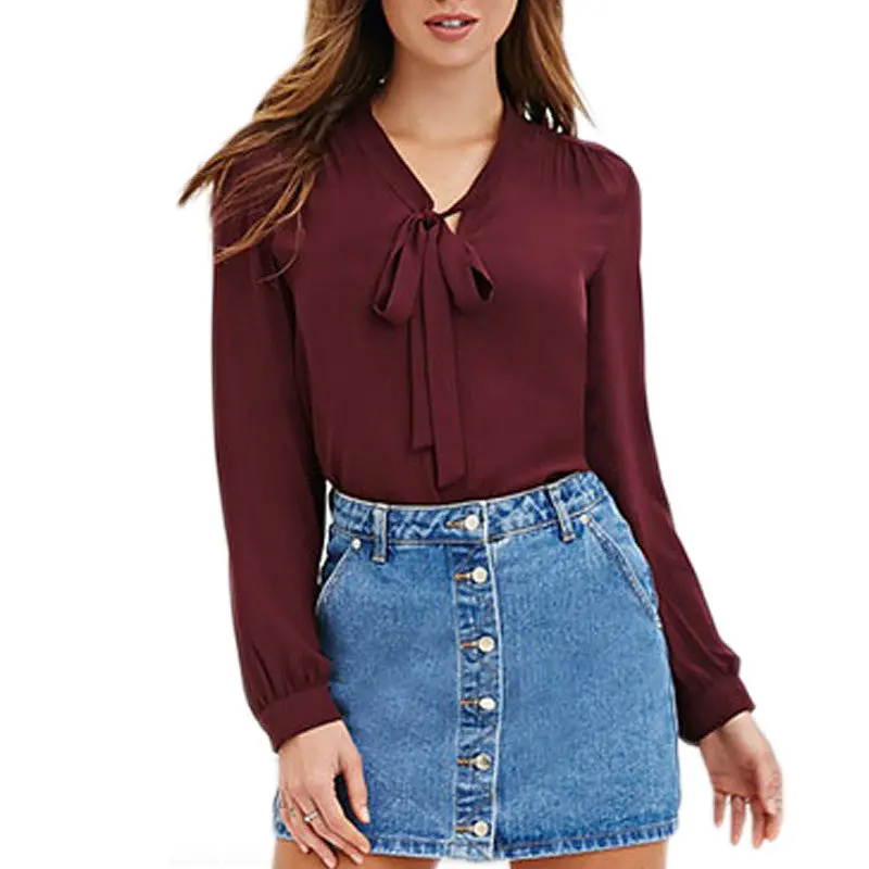 Women Tie Up Blouses V Neck Black Chiffon Blouse Long Sleeve Shirt Tops For Office Ladies Lx212 5