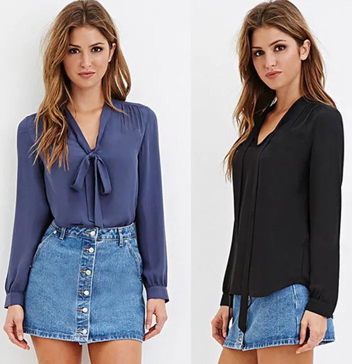 Women Tie Up Blouses V Neck Black Chiffon Blouse Long Sleeve Shirt Tops For Office Ladies Lx212 7