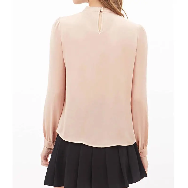 Women Tops And Blouses White Pink Blouse Fold Loose Casual Chiffon Long Sleeve Shirt Tops Blouse 4