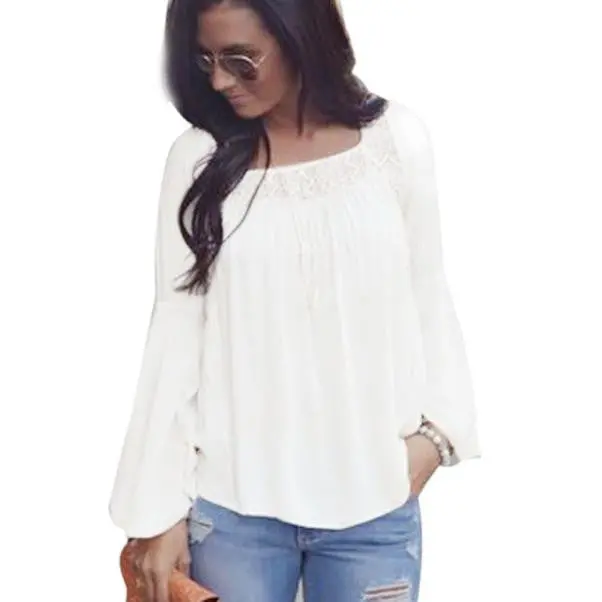 Women Tops Blouse Shirt Loose White Chiffon Blouse Lace Top Shirt Casual Shirt Plus Size Feida 1