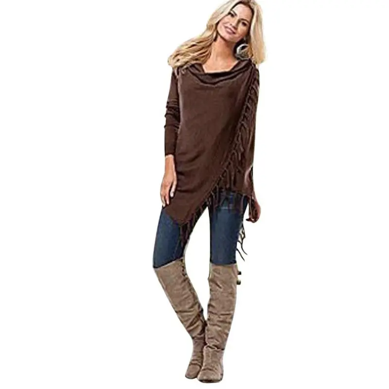 Women Tops Fashion Coffee Color Long Sleeve Tassel Slash Tops Shirt Fast Shipping 1