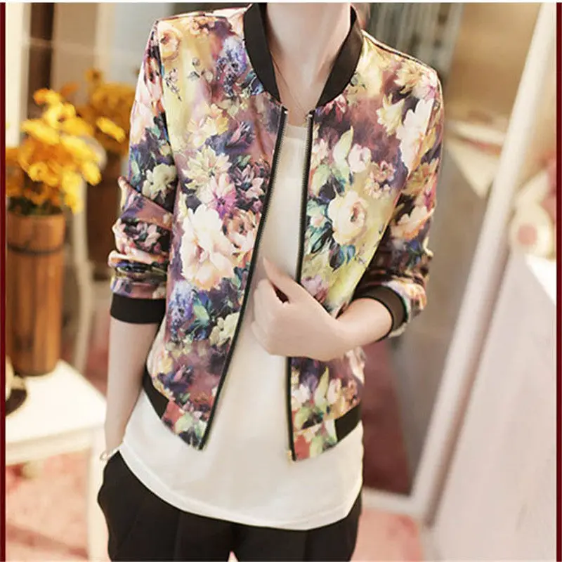 Women Tops Jacket Coat Floral Printed St Collar Long Sleeve Zipper Femininos Bomber Jacket Sweatshirts Coat 1
