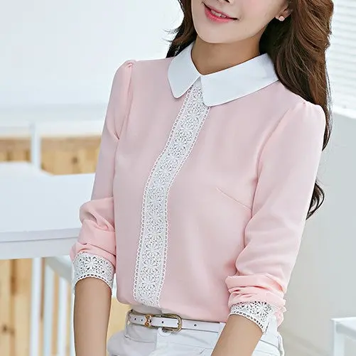 Women Tops Peter Pan Collar Chiffon Blouse Women Long Sleeve Lace Crochet Top Blouses White Pink Women Shirts J4046 1