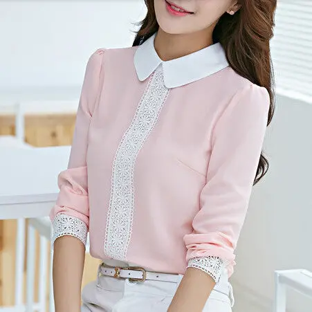Women Tops Peter Pan Collar Chiffon Blouse Women Long Sleeve Lace Crochet Top Blouses White Pink Women Shirts J4046 2