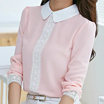 Women Tops Peter Pan Collar Chiffon Blouse Women Long Sleeve Lace Crochet Top Blouses White Pink Women Shirts J4046 3