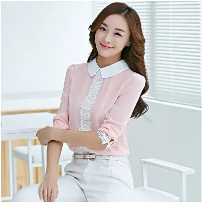 Women Tops Peter Pan Collar Chiffon Blouse Women Long Sleeve Lace Crochet Top Blouses White Pink Women Shirts J4046 4