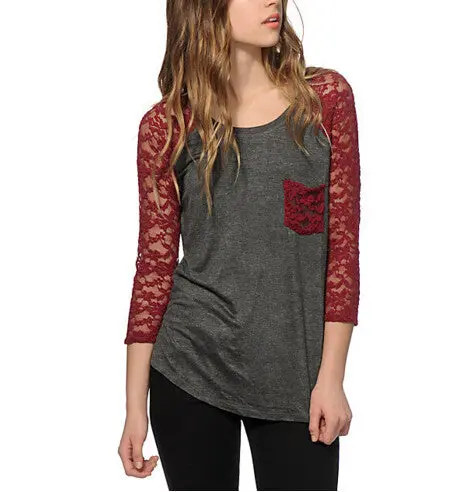 Women Tops & Tees Casual Lace Pachwork Three Quarter T-Shirts Slim O-Neck T Shirt Women's Clothing Plus Size Gv102 1