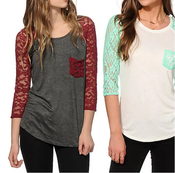 Women Tops & Tees Casual Lace Pachwork Three Quarter T-Shirts Slim O-Neck T Shirt Women's Clothing Plus Size Gv102 3