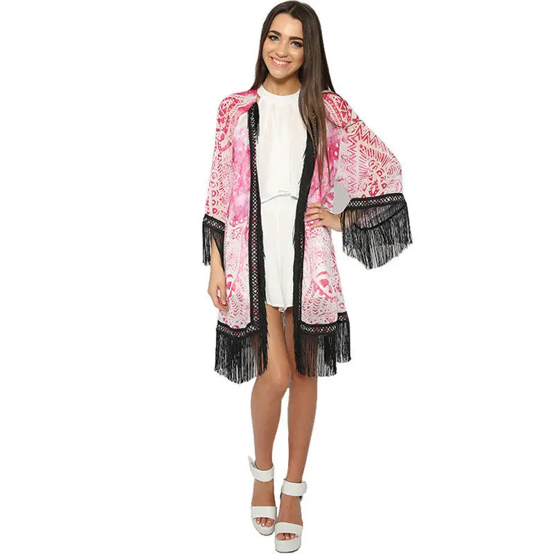 Women Totem Printed Batwing Sleeve Chiffon Tassel Fringe Shawl Kimono Cardigan Long Blouse 1