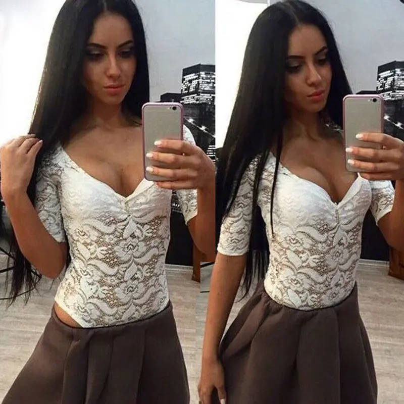 Women Translucent Sexy Short Sleeve Lace Jumpsuit Rompers Playsuit Bodysuit Tops 2