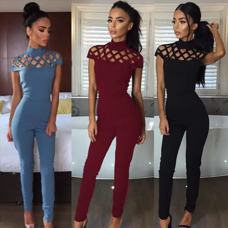 Women Turtleneck Jumpsuit Hollow Out Bandage Party Rompers Playsuits Sexy Long Jumpsuits Overalls 3 Colors Gv440 4