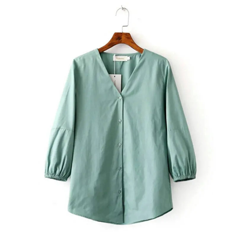 Women V Neck Lantern Sleeve Shirt Casual 3/4 Sleeve Loose Cotton Pullover Blouse Tops Blusas Femme Blusas 1