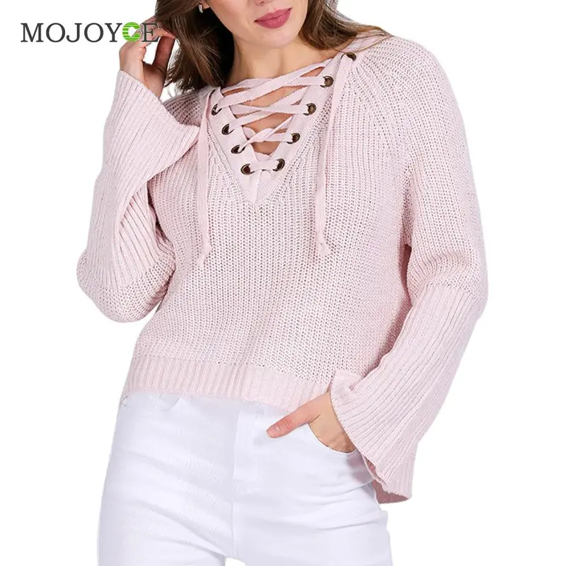 Women V-Neck Long Sleeve Sweater Knitwear Cardigan Loose Coat Cross Strap Sweater 1