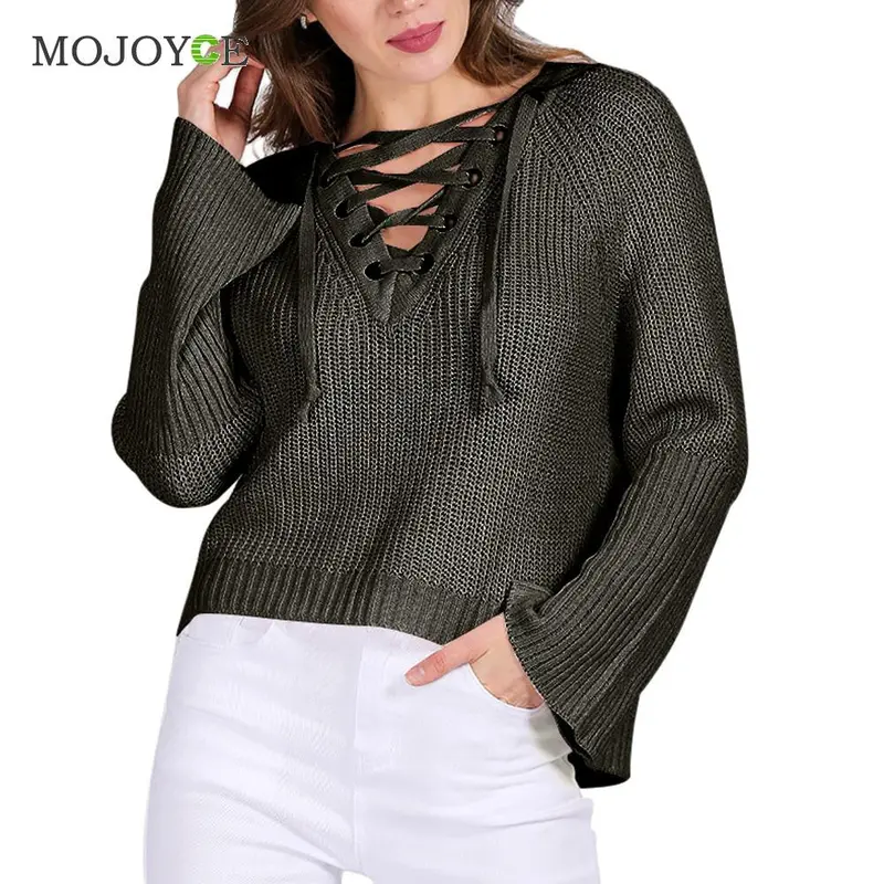 Women V-Neck Long Sleeve Sweater Knitwear Cardigan Loose Coat Cross Strap Sweater 2
