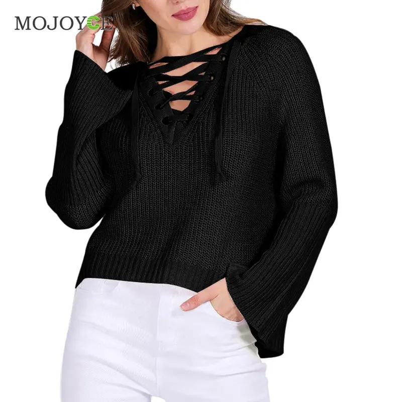 Women V-Neck Long Sleeve Sweater Knitwear Cardigan Loose Coat Cross Strap Sweater 3