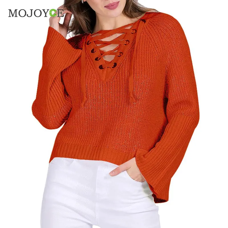 Women V-Neck Long Sleeve Sweater Knitwear Cardigan Loose Coat Cross Strap Sweater 4