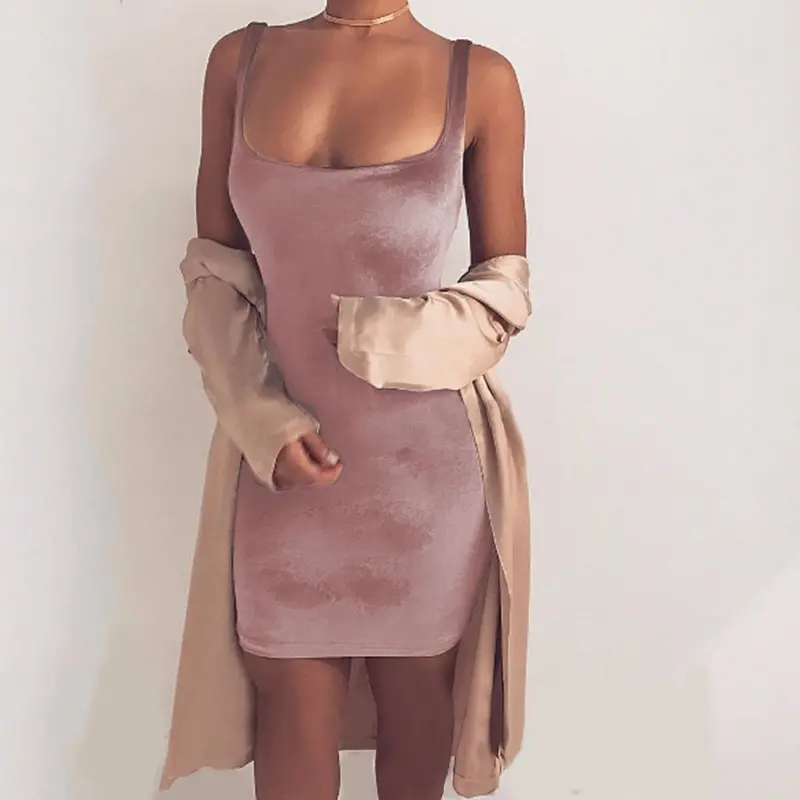 Women Velvet Bodycon Dress Sexy Scoop Collar Sleeveless Spaghetti Strap Club Mini Velvet Dress Robe Velours Strap Vestidos 1