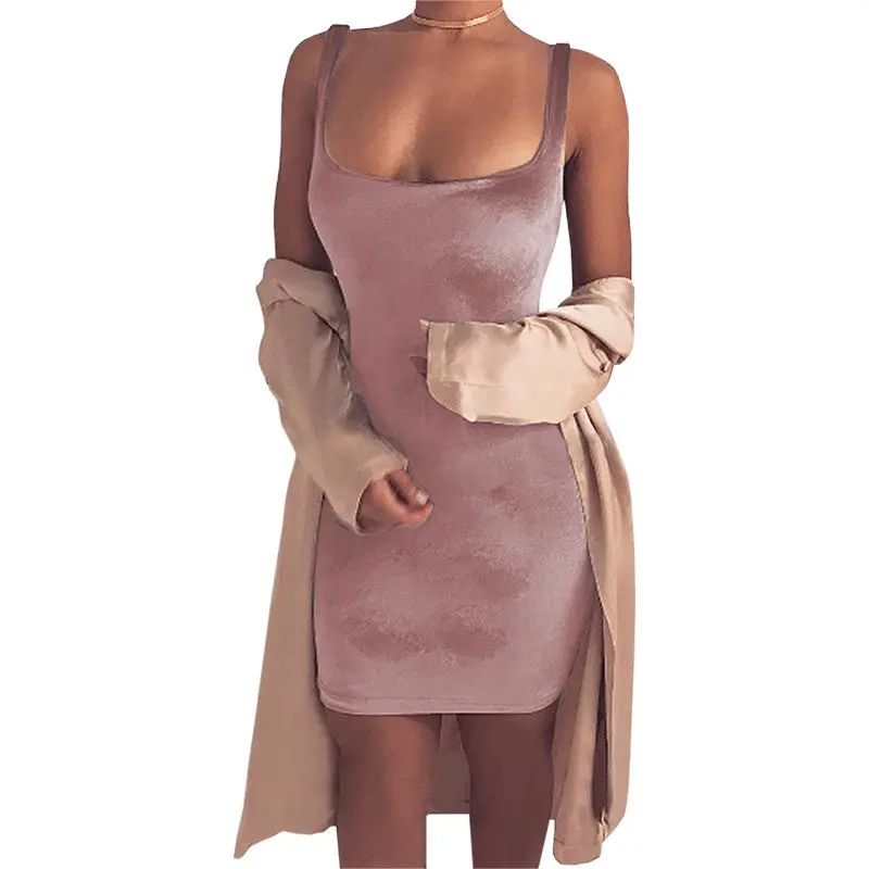 Women Velvet Bodycon Dress Sexy Scoop Collar Sleeveless Spaghetti Strap Club Mini Velvet Dress Robe Velours Strap Vestidos 7