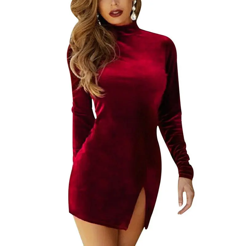 Women Velvet Casual Solid Color Long Sleeve Choker Side Slit Mini Dress 1