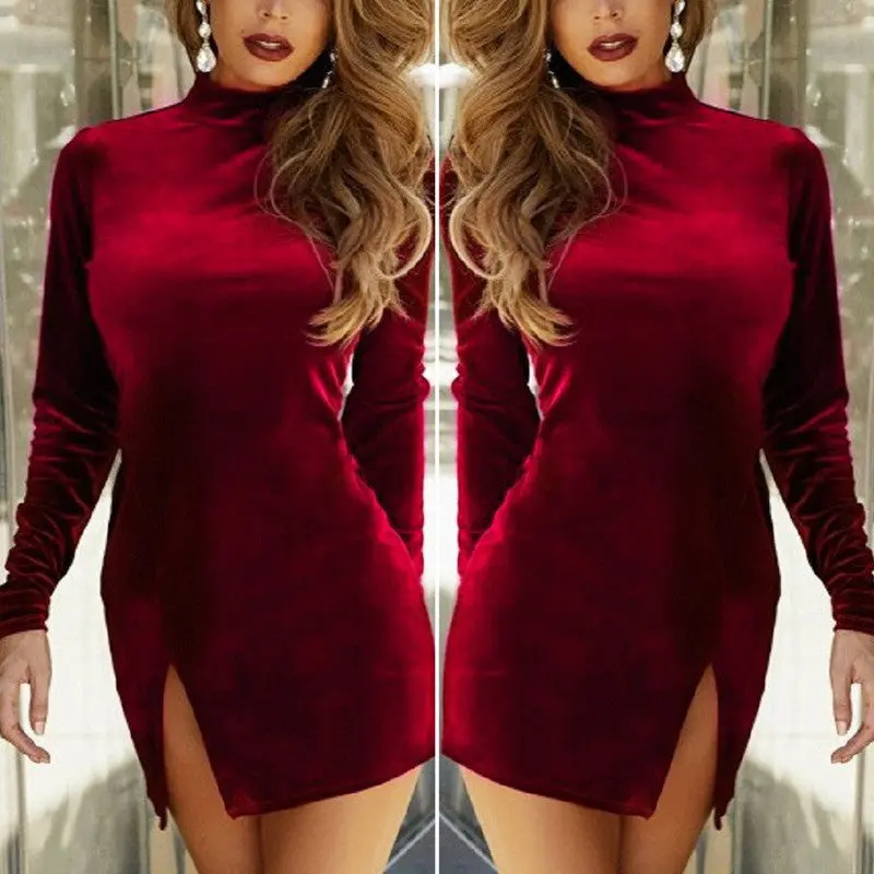 Women Velvet Casual Solid Color Long Sleeve Choker Side Slit Mini Dress 3