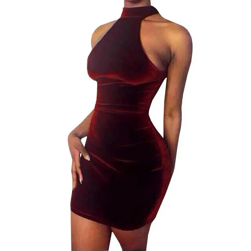 Women Velvet Casual Solid Color Sleeveless Choker Bodycon Mini Dress 1