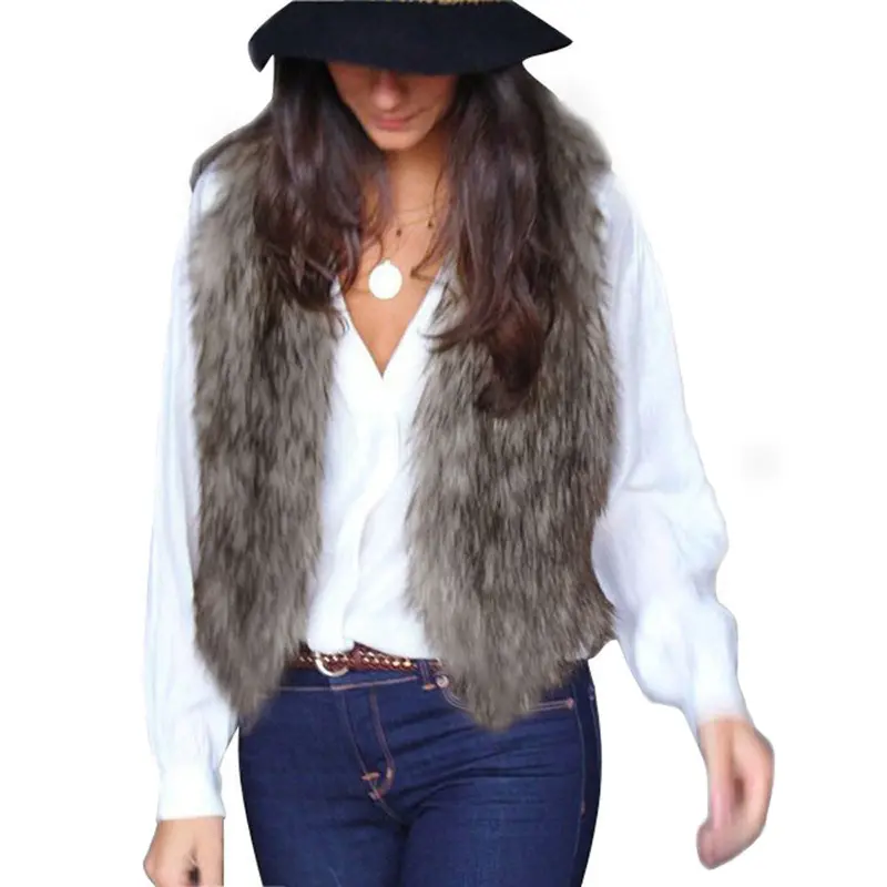 Women Vest Sleeveless Coat Outerwear Long Hair Waistcoat Faux Fur Jacket 1
