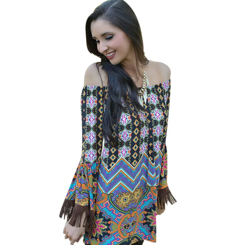 Women Vintage Dress Bohemian Dress Off Shoulder Embroidery Plaid Beach Dresses Plus Size Vestidos Feida 1