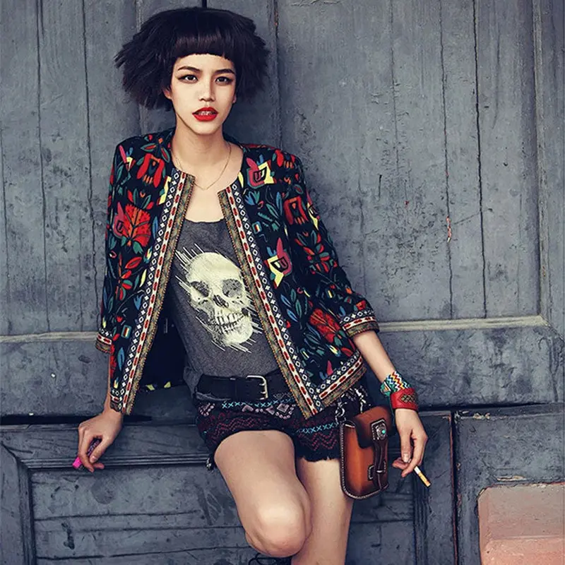Women Vintage Ethnic Floral Print Outwear Lady Embroidered Parka Trench Short Jacket Slim Coat 1