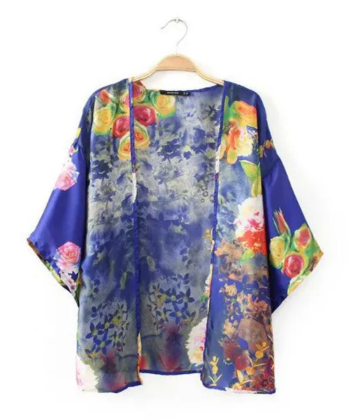 Women Vintage Ethnic Oriental Blue Floral Flower Print Loose Kimono Cardigan Shirts Bat Sleeve Blouses Tops Coat 1