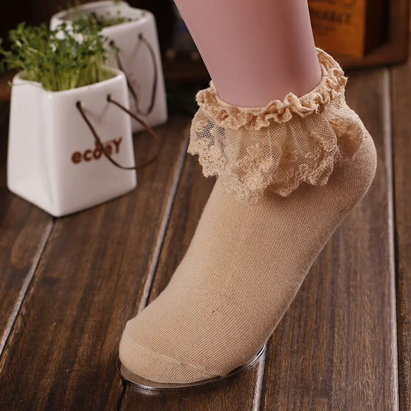 Women Vintage Lace Ruffle Frilly Ankle Socks Princess Girl Cotton Sock 4
