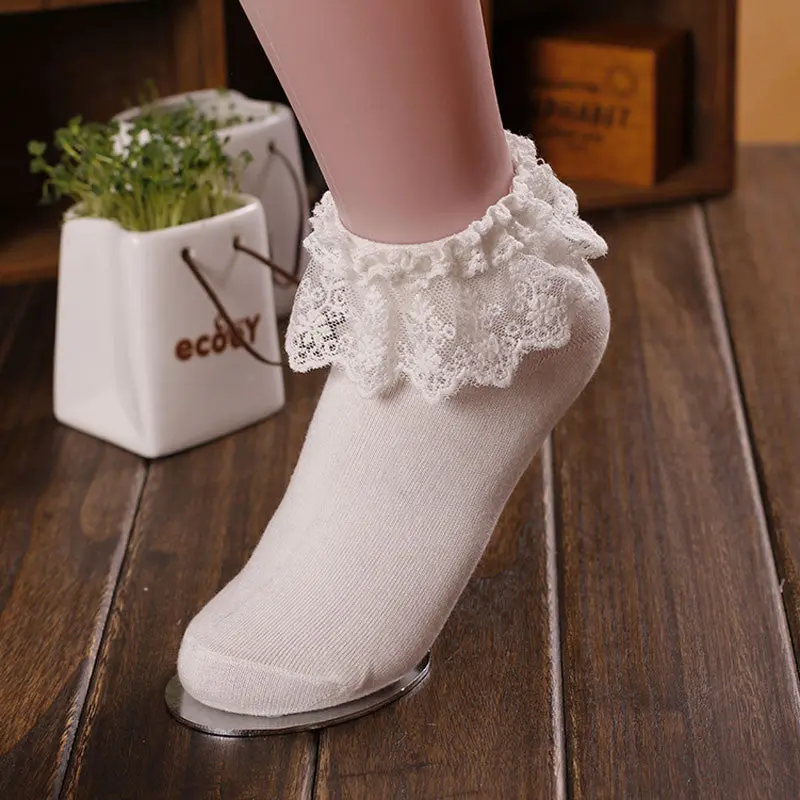 Women Vintage Lace Ruffle Frilly Ankle Socks Princess Girl Cotton Sock 6