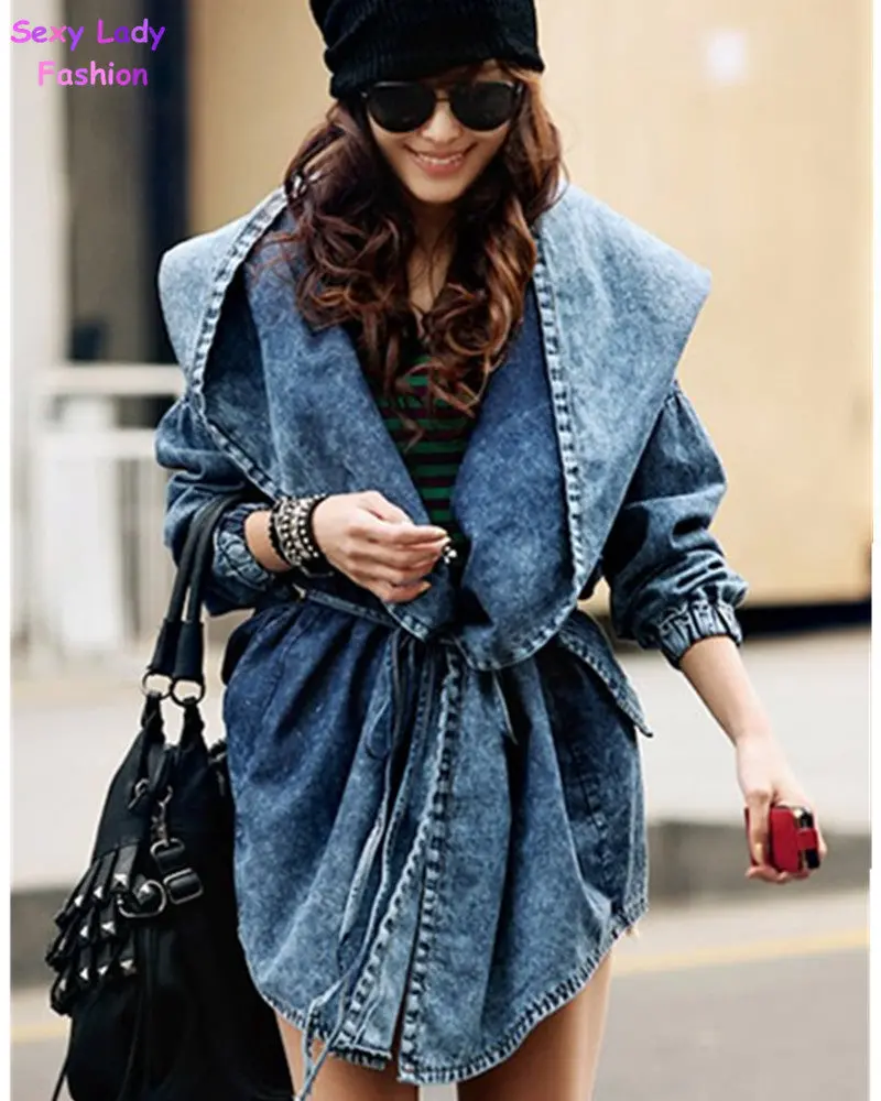 Women Vintage Large Hooded Adjustable Waist Casual Loose Denim Coat Hoodie Outerwear Jean Jacket 1