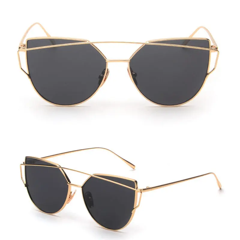 Women Vintage Rose Gold Mirror Sun Glasses Twin-Beams Classic Metal Frame Mirror Sunglasses Cat Eye Sunglasses 2