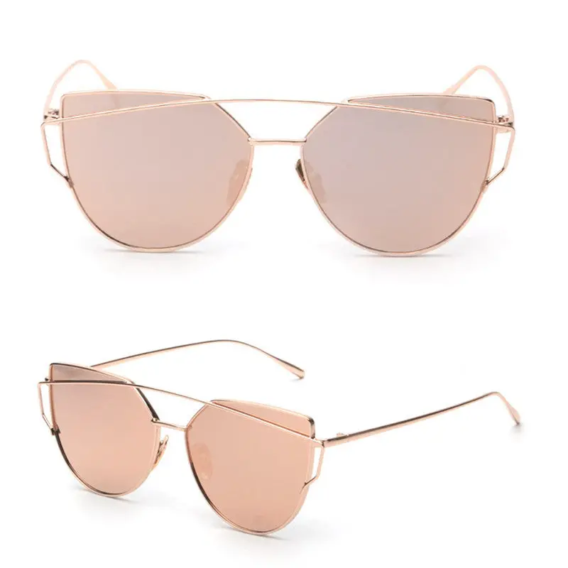 Women Vintage Rose Gold Mirror Sun Glasses Twin-Beams Classic Metal Frame Mirror Sunglasses Cat Eye Sunglasses 4