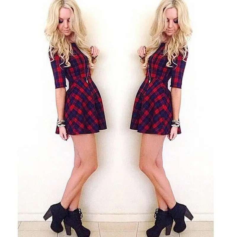 Women Vintage Round Neck Casual Dress Clothing Half Sleeve Red Plaid Plus Size Dresses Vestidos 1