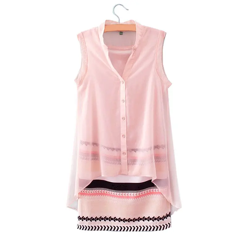 Women Vneck Fake Two Pieces Outfits Sexy Sleeveless Dress Casual Chiffon Dress Street Wear Ol Dress 4
