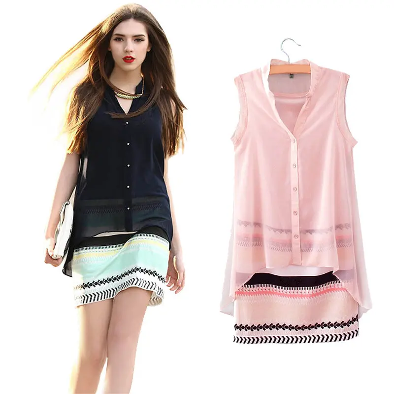 Women Vneck Fake Two Pieces Outfits Sexy Sleeveless Dress Casual Chiffon Dress Street Wear Ol Dress 5