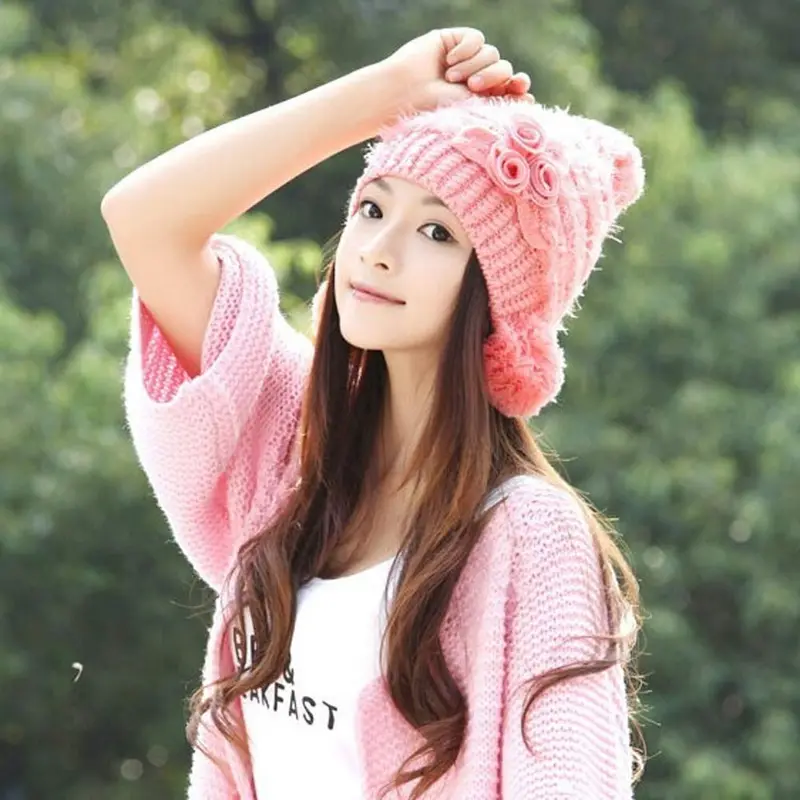 Women Warm Woolen Knitted Hat Jonadab Rose Hat 4