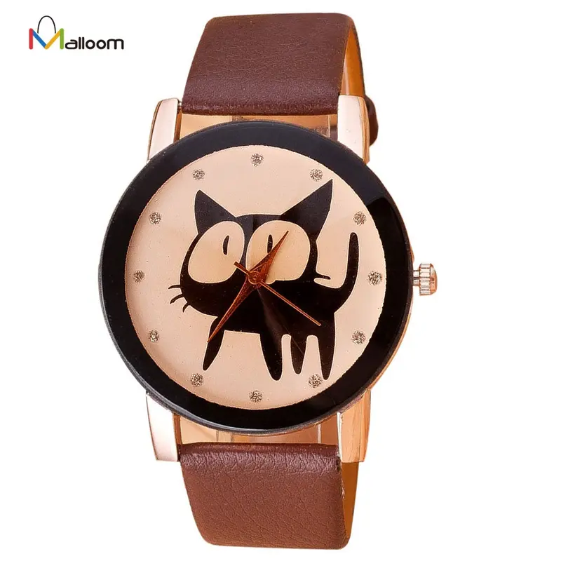Women Watch Cute Cat Printed Watches Crystal Girls Dress Montre Leather Quartz Wrist Watch Bracelet Hour 1