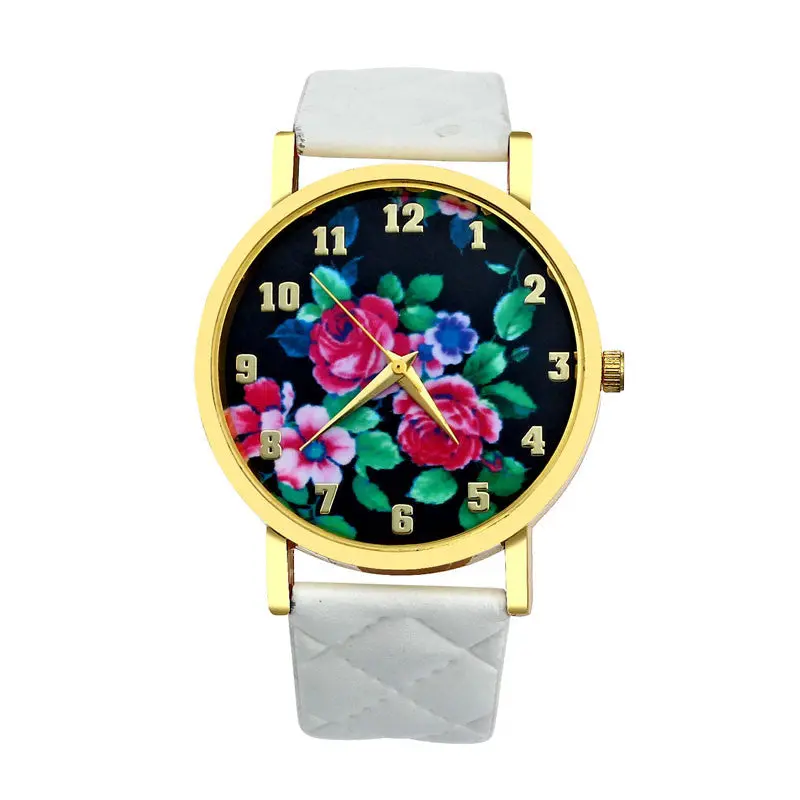 Women Watch Geneva Vogue Women Dress Clocks Rose Print Analog Dial Leather Band Casual Mujer Wristwatch Promotions 1