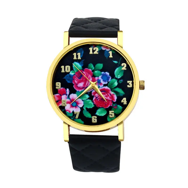 Women Watch Geneva Vogue Women Dress Clocks Rose Print Analog Dial Leather Band Casual Mujer Wristwatch Promotions 2