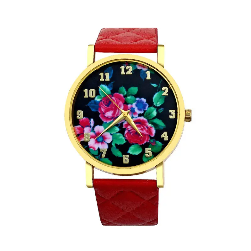 Women Watch Geneva Vogue Women Dress Clocks Rose Print Analog Dial Leather Band Casual Mujer Wristwatch Promotions 3