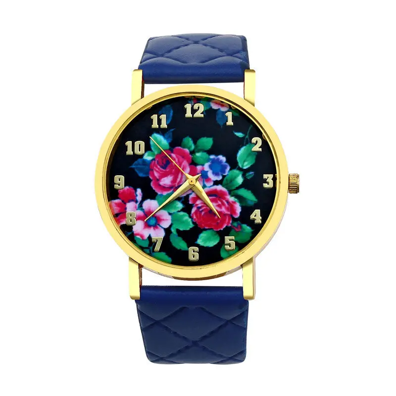 Women Watch Geneva Vogue Women Dress Clocks Rose Print Analog Dial Leather Band Casual Mujer Wristwatch Promotions 5